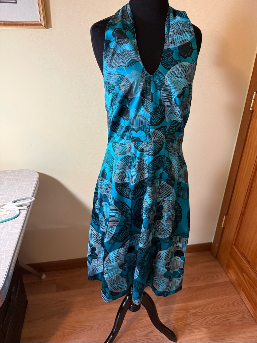 Etcetera Teal and Black One-Shoulder Floral Dress